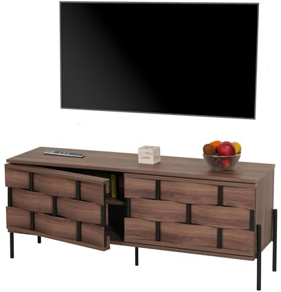 Mendler TV-Rack HWC-M44, Fernsehtisch Lowboard TV-Schrank Kommode, Staufächer, 3D-Flecht-Design Push-to-Open Türen 120cm, braun