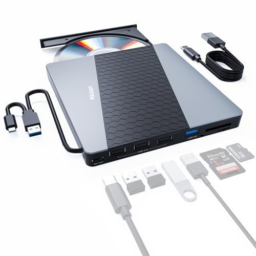 UNITEK External CD DVD Drive, USB3.0/USB C 6-in-1 Portable CD DVD Player with Card Reader USB Hub CD ROM Burner Reader Supports Windows11/10/8.1/8/7/vista/2003/XP/2000/,Linux,Mac 10 OS