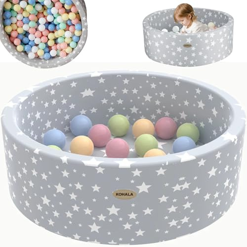 Devessport - Piscina de Bolas para Bebés y Niños Kohala, Parque de Juegos de Espuma Suave, Diseño Estrellas Gris, Incluye 200/300 Bolas de 7 cm, Diámetro 90 cm, Base Antideslizante e Impermeable