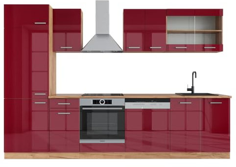 Vicco Küchenzeile R-Line, Rot Hochglanz/Goldkraft Eiche, 300 cm, AP Marmor