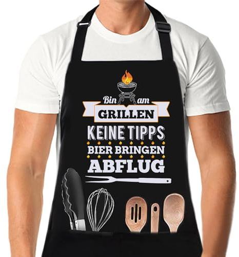 XCSJKJ Grillschürze für Männer Persönlich Grillen Geschenk BBQ Schürze Küchenschürze, Männer Geschenkideen Grillschürze Lustig Schürzen Bin am Grillen Schwarz Schürzen (Klassischer Stil - 2 Taschen)