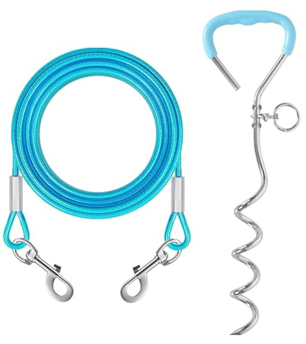 10ft Dog Tie Out Cable with 15 Spiral Ground Stake Spike for Small to Medium Dogs Up to 60 lbs, Pet Tie Out Cable for Playing, Camping，Outdoor, Yard and Backyard in Ground (3 Meter, Lake Blue)
