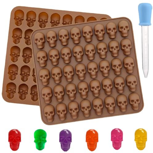 2 Stück Silikonform mit Totenkopf-Design, Schädel Silikonform mit 1 Dropper, Antihaftbeschichtet, Schokoladenform, für die Herstellung von Gelee, Kuchen Eiswürfel (Kaffeefarbe)