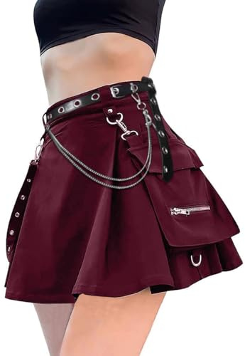 YINGWIN Minikjol dam sexig cosplay gotiska kläder dam minikjol med fickor, Vinrött + bälte med dubbel kedja, S