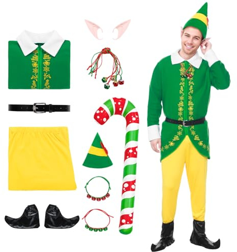 Ficlwigkis Buddy Elfen Kostüm Herren Damen Grün Rosa Elfen Kostüm Weihnachten Buddy mit Ohren Hut Gürtel für Weihnachten Erwachsener (Grün, M)