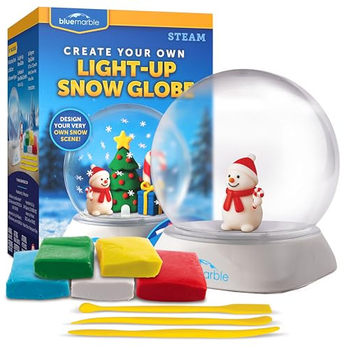 Blue Marble Light-Up Christmas Snow Globe for Kids Kit – Create a Holiday Scene with Clay, Snowflake Confetti & Snowman Figure, Plastic Snow Globe Kit, Christmas Crafts for Kids, Stocking Stuffers