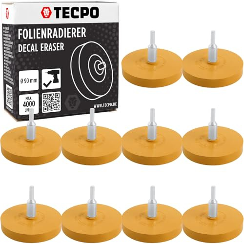 TECPO 10 gomas de borrar para taladros, disco de borrar elimina de forma fiable los restos de pegamento y residuos, adaptador de 5/16 pulgadas x 24 mm, 4000 rpm, diámetro de 90 mm, compacto y preciso