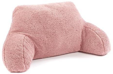 Downland Huggleland Reading Pillow with Arms - Soft Teddy Fleece Cuddle Cushion for Adults, Backrest Support Pillow for Bed, Chair & Armchair Reading Cushion (Pink) - 45H x 39D x 59W cm