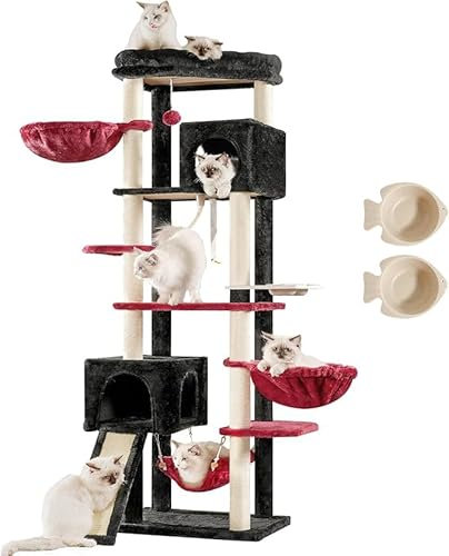 Hey-brother Kratzbaum, 180cm Indoor Katzenbaum, Mit 2 Höhlen, 2 Katzenkörben, Hängematte, Futternapf und Sisalkratzbaum mehrstöckiger Katzenkratzbaum, Rötlich-schwarz EMPJ036BR