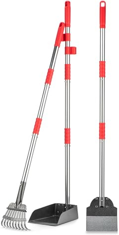FUSBUNTY Dog Pooper Scooper, Long Handle Pooper Set with Heavy Duty Stainless Steel Rake, Tray & Spade and 28 Design for Pet Waste Removal on Grass, Gravel