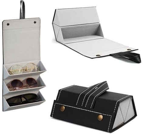 Wuandjun Elegant 3-Compartment Travel Glasses Case Stylish Sunglasses Storage Box, Protective Sunglasses Organiser, Ideal for Storing Your Precious Glasses and Sunglasses (Black)