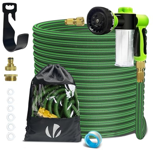 VOUNOT® Tuyau d’Arrosage Extensible 30m Renforcé avec Récipient Savon Adaptable 1/2 et 3/4 8 Modes de Pulvérisation Flexible et Anti-Fuite Raccord et Sac de Rangement Fournis Vert
