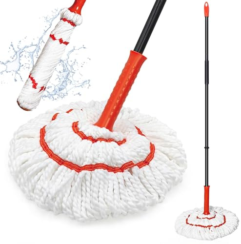 TidyBliss Self Wringing Twist Mop for Floor Cleaning, 145 cm Long Handle Cotton String Mop with Wringer, Washable Microfiber Wet Mops with Scouring Pad for Hardwood, Tile, Bathtub, Kitchen