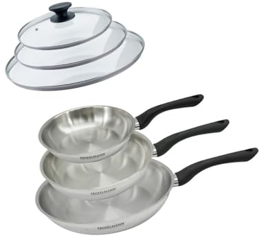 Fackelmann 9442150 Lot de 3 poêles 20, 24 et 28 cm en acier inoxydable 18/8 et 3 couvercles en verre, poêle à frire pour tous types de feux, induction, poêle sans PFAS, acier inoxydable 18/8, verre
