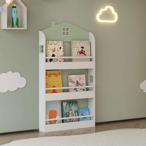 [en.casa] Kinder Bücherregal Vipsali Kinderregal in Hausoptik mit 3 offenen Fächern Spielzeug Aufbewahrung Standregal 106 x 60 x 12 cm Mintgrün/Weiß