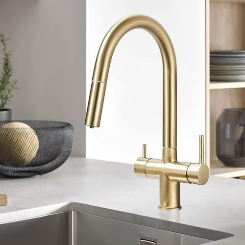 3 Wege Wasserhahn Küche Mischbatterie Küche Gebürstetes Gold,Wege Filter Osmose Wasserhahn Küche Gold Gebürstet,Küchenarmaturen, 360 Grad Drehbar,Einfache Installation