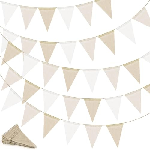 FLEXNOVA 12M Wimpelkette Outdoor Wetterfest, Girlande Beige Boho Deko Outdoor Wimpelgirlande Wimpelkette Leinenstoff 36 Wimpeln für Hochzeit Geburtstag Babyparty Baby Shower Gartenparty Kinderzimmer