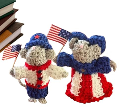 GkgWuxf Bambola All'Uncinetto - Coppia Di Topolini Bambole Lavorate A Maglia,Decorazione Patriottica Con Bandiera Americana Per Scrivanie Auto Bambini Natale San Lauree
