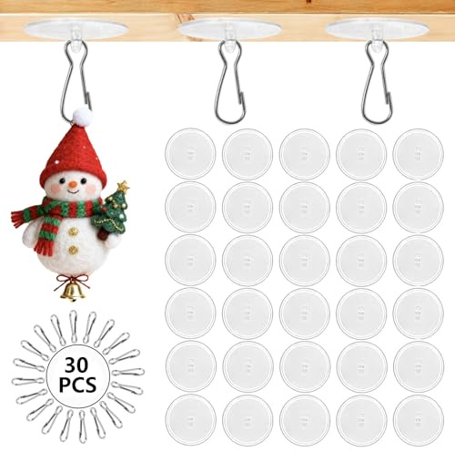 VPAFPEKG 30 Stück Transparente Deckenhaken Selbstklebend, Haken Decke ohne Bohren, Klebehaken Decke Extra Stark mit Fahnenmast-Clips für Küche, Badezimmer, Schlafzimmer, Karneval, Weihnachten Deko