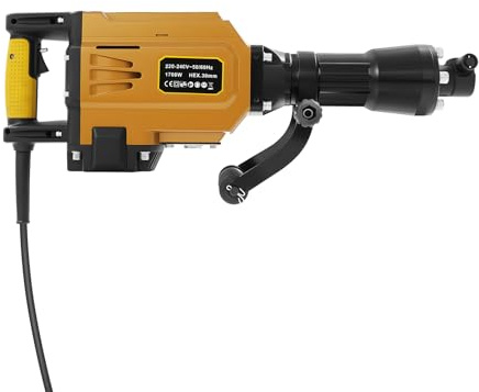1700W Demolition Hammer Concrete Breaker Heavy Duty Orang,Demolition Hammer Drill,360° Rotatable Handle,Replaceable Bits,Multi-Heat Dissipation Holes,Lock Switch,Long Power Cord,for Forestry Seedlings