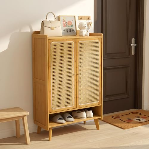 Estiliza Schuhschrank Holz mit Korbgeflecht-Türen, Moderner Bambus Schuhschrank mit 5 Ebenen, Schuhregal mit Stauraum,Shoes Cabinet für Flur, Wohnzimmer, Schlafzimmer, Natürli