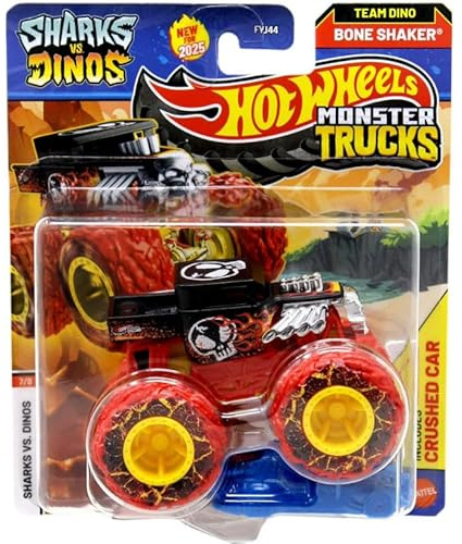 Hot Wheels Monster Trucks, Sharks Vs. Dinos 7/8, Team Dino Bone Shaker [Includes Crushed Car] New for 2025! 1:64 Scale Diecast Toy Vehicle