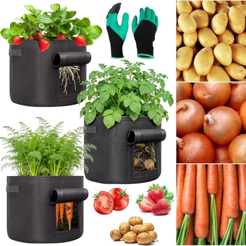 Powmag Kartoffel Pflanzsack, 3 Stück 28L Pflanzsäcke, Vliesstoff Pflanzsack, Pflanzgefäß Pflanzbeutel für Balkon Terrasse und Garten mit Gartenhandschuhe (Schwarz (7 Gallonen))
