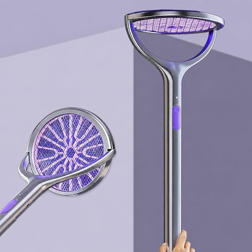 Elektrische Fliegenklatsche, Rotierender Kopf Fliegenklatsche Elektrisch mit Teleskopverlängerung und Sockel Wiederaufladbar Mückenklatsche Elektrisch mit UV Mückenfalle für Drinnen Draußen