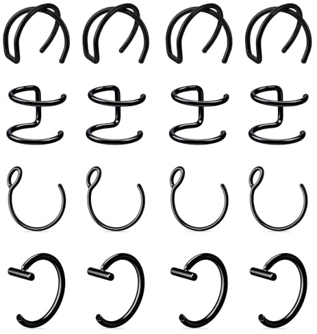 Psyqtsuary Fake Lip Piercings, 16 Pcs Stainless Steel Fake Snake Bites 8mm Faux Nose Ring Non Piercing Hoop Clip on Lip Rings for Women Men (Black)