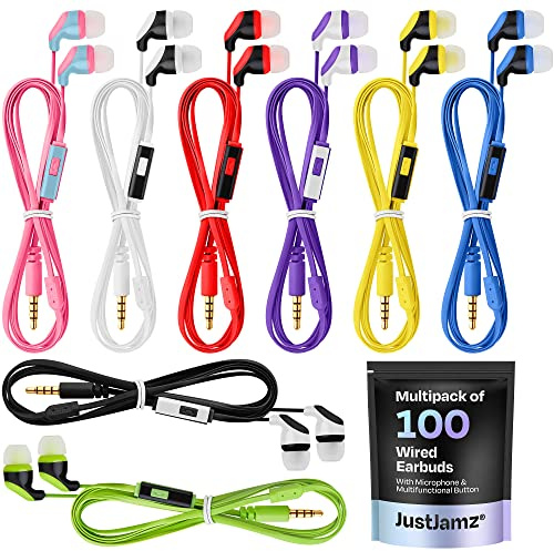 JustJamz 100x Multipack | Bulk Earbuds with Microphone, For Schools, Classroom, Libraries, Museums, Wired in-Ear Earphones with Mic For Kids, Teenagers & Adults, Affordable Bulk Headphones