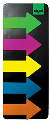 SIGEL HN600 Haftmarker Pfeile, 125 Streifen im Format 25 x 45 mm 5 Farben | HN600, Reißfeste Haftmarker in Pfeilform aus Folie in den Farben Grün, Blau, Violett, Gelb und Orange