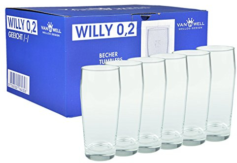 Van Well Willibecher 0,2 l, set da 6 bicchieri da birra premium da 0,2 litri, robusto bicchiere da birra, lavabile in lavastoviglie, calibrato, bicchieri Pint di qualità gastronomica, bicchieri da 200