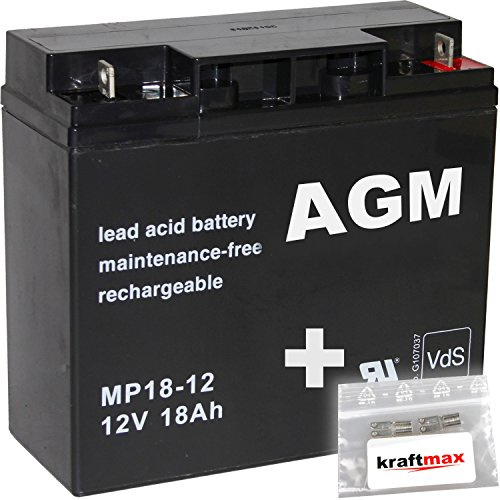 kraftmax 1 x AGM 12 V/18 Ah blybatteri – MP18-12 [ M5 – bultar inklusive skruv och mamma] VD:er testad – inklusive 2 st. originalanslutningsadapter