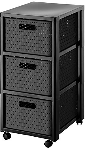 Rotho Country Rollcontainer mit 3 Schubladen in Rattan-Optik, Kunststoff (PP) BPA-frei, anthrazit, 3 x A4/18l (37.5 x 32.5 x 71.2 cm), Nicht zutreffend