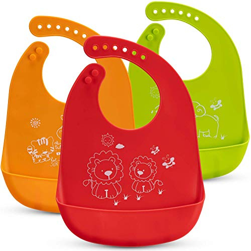 Bavaglini per neonati, 3 pezzi, in silicone, lavabile in lavatrice, 7 misure regolabili, lavabile in lavatrice, lavabile in lavatrice, senza lasciare sosta impermeabili