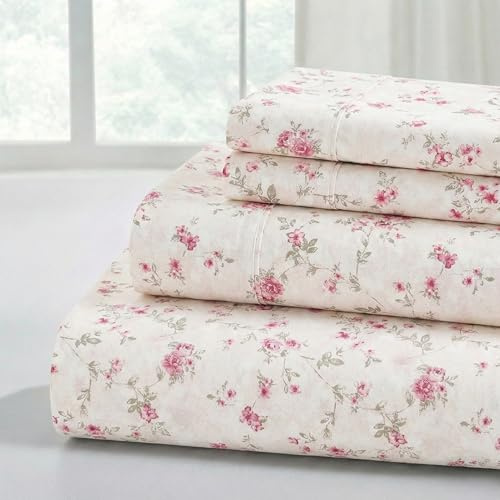 Modern Threads 4-Piece Ultra Soft Microfiber Bed Sheets Set, Wrinkle Free Sheets with Deep Pockets Fitted Sheet, Flat Sheet & Pillowcases, Lightweight Breathable Bedding, Floral Rose, Full