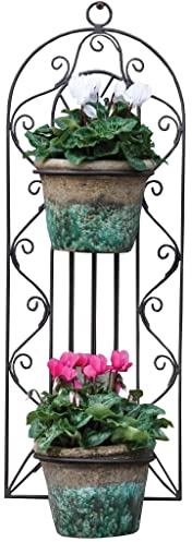 Gardenesque Black Metal Wall Mounted Planter, Decorative Gothic Design Two Plant Pot Holder, Perfect Outdoor Garden Gift - H62 x W21 cm