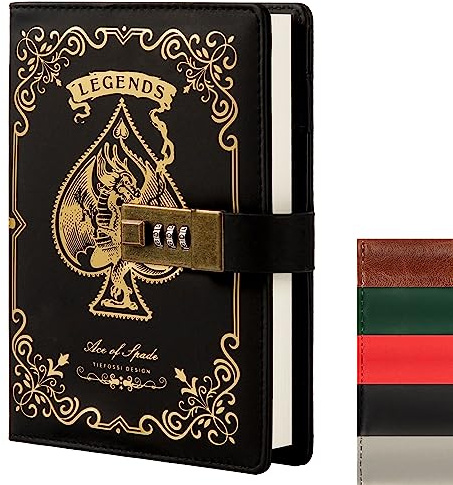 Leather Journal Notebook with Combination Lock, Mysterious Legend Locked Diary with Key for Adults Boys Girls Kids Men Women, B6 Secret Passwords Refillable Personal Notebook, 7.87 X 5.51 in (Black)