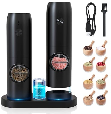 Electric Salt and Pepper Grinder Set, Rechargeable Pepper Grinder with Charger Tray, USB Cable, One Hand Operation, Adjustable Coarseness with Ceramic Grinder (Set of 2,Black)