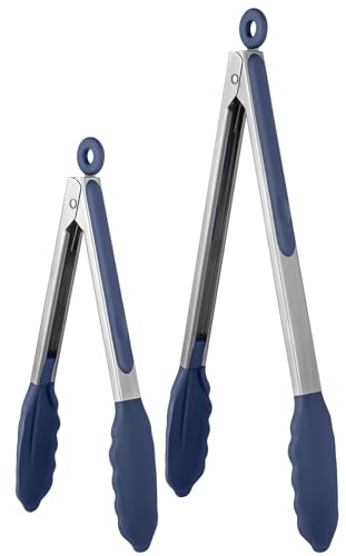 U-Taste Silicone Kitchen Tongs Set of 2, 315℃ Heat Resistant, Midnight Blue | 22/30 cm, Non Stick Rubber Tipped, 18/8 Stainless Steel Handle, Smooth Locking, Heavy Duty for Cooking Serving Barbecue