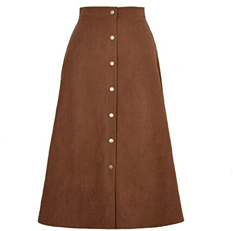 Cocoarm Jupes en Velours côtelé Femme Jupe Longue Taille Haute Jupe mi-Longue décontractée Jupe Longue Femme Jupe mi-Longue Slim Taille Haute cintrée avec Patte de Boutonnage et Ourlet Fendu(XL-Brun)