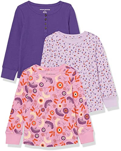 Amazon Essentials Mädchen Langärmeliges, gestricktes Thermo-T-Shirt, 3er-Pack, Purpur/Folk Floral, 4 Jahre