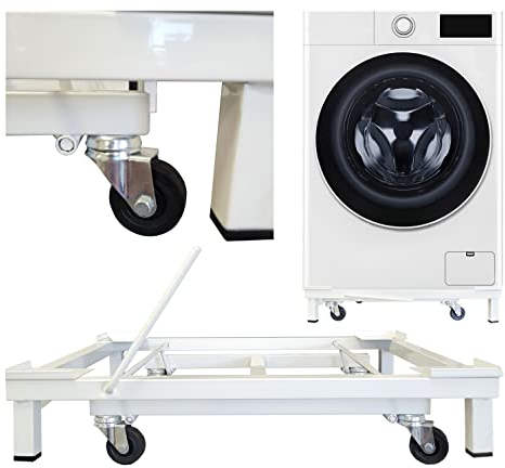 Tecnokit carrello per lavatrice e asciugatrice con ruote, in acciaio, sistema a leva portata 200kg, colore bianco,anti-vibrazione, 50x60cm