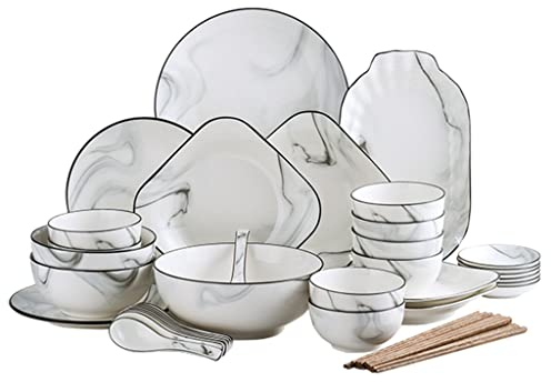 FIFOR 32/42/52 Pieces Dinnerware Set, Ceramic Kitchen Dinner Set Service for 6-10 People, Round Crockery with Bowls, Dinner Plates,Side Plates, Dip Bowls, Chopsticks (Color : White, Size : 42 pcs)