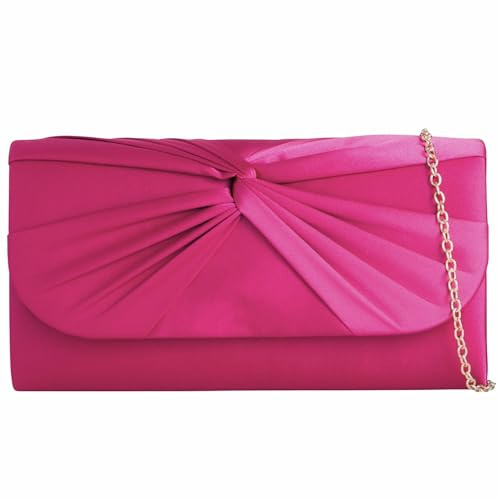 Bolso de mano plisado de satén para novia, graduación, boda, noche, fiesta, bolso de mano, rosa fucsia, medium