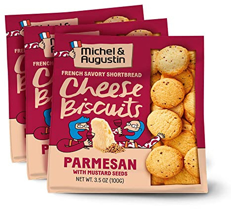Michel et Augustin Gourmet Crackers, Parmesan Cheese Biscuits with Mustard Seeds, Savory Party Crackers, French Snacks, 3-Pack, 3.5 oz. Bags