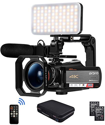 ORDRO Caméscope 4K AC5 avec zoom optique 12 x 1080p 60 fps pour YouTube avec micro et lumière LED, objectif grand angle, support portatif, 2 piles