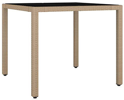 Homgoday Mesa de jardín con tablero de cristal, mesa de comedor, mesa de terraza, mesa de balcón, mesa de ratán, mesa de centro para jardín, balcón, terraza, beige, polirratán y madera de acacia, 90 x