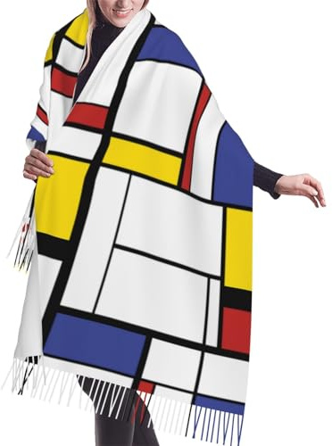 GRatka Schal, Mondrian-Stil-Gemälde mit Aufdruck, Unisex-Schal mit Fransen, großer, warmer, weicher Kaschmir-Schal, Wickeltücher, 196 x 68 cm
