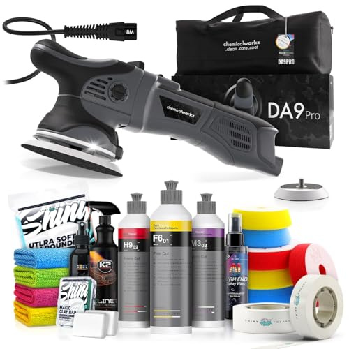 Poliermaschinen Set: chemicalworkz DA9 Pro Exzenter Poliermaschine + Koch Chemie Politur Set + Royal Pads Premium Polierpads + Dr. Wack Versiegelung für Lack + Zubehör | 20-teilig